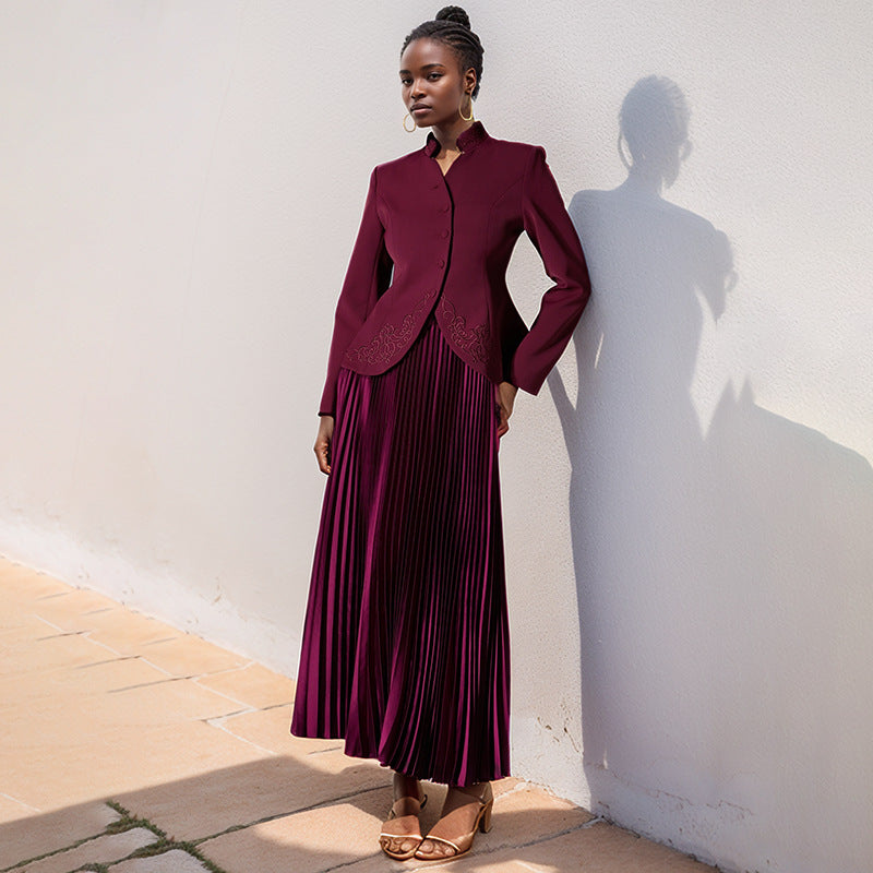 Women’s Embroidered Stand-Collar Top & Pleated Skirt Set
