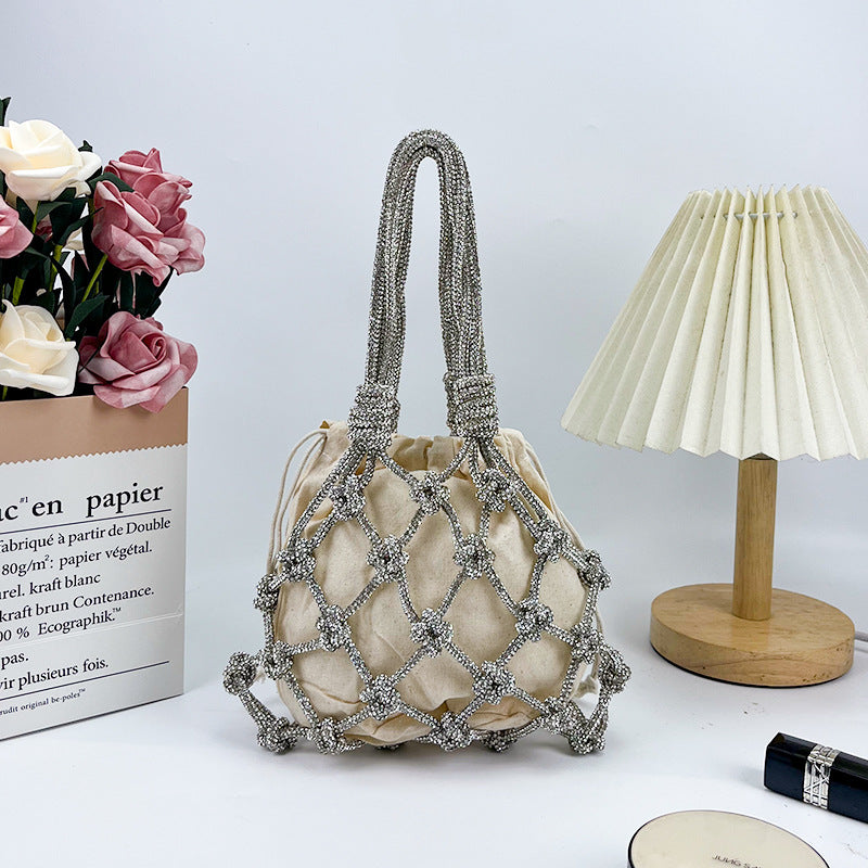 Design High Grade Shiny Crystal Woven Diamond Embedded Handmade Bag Sparkle Silver Full Diamond Dinner Lady Bag