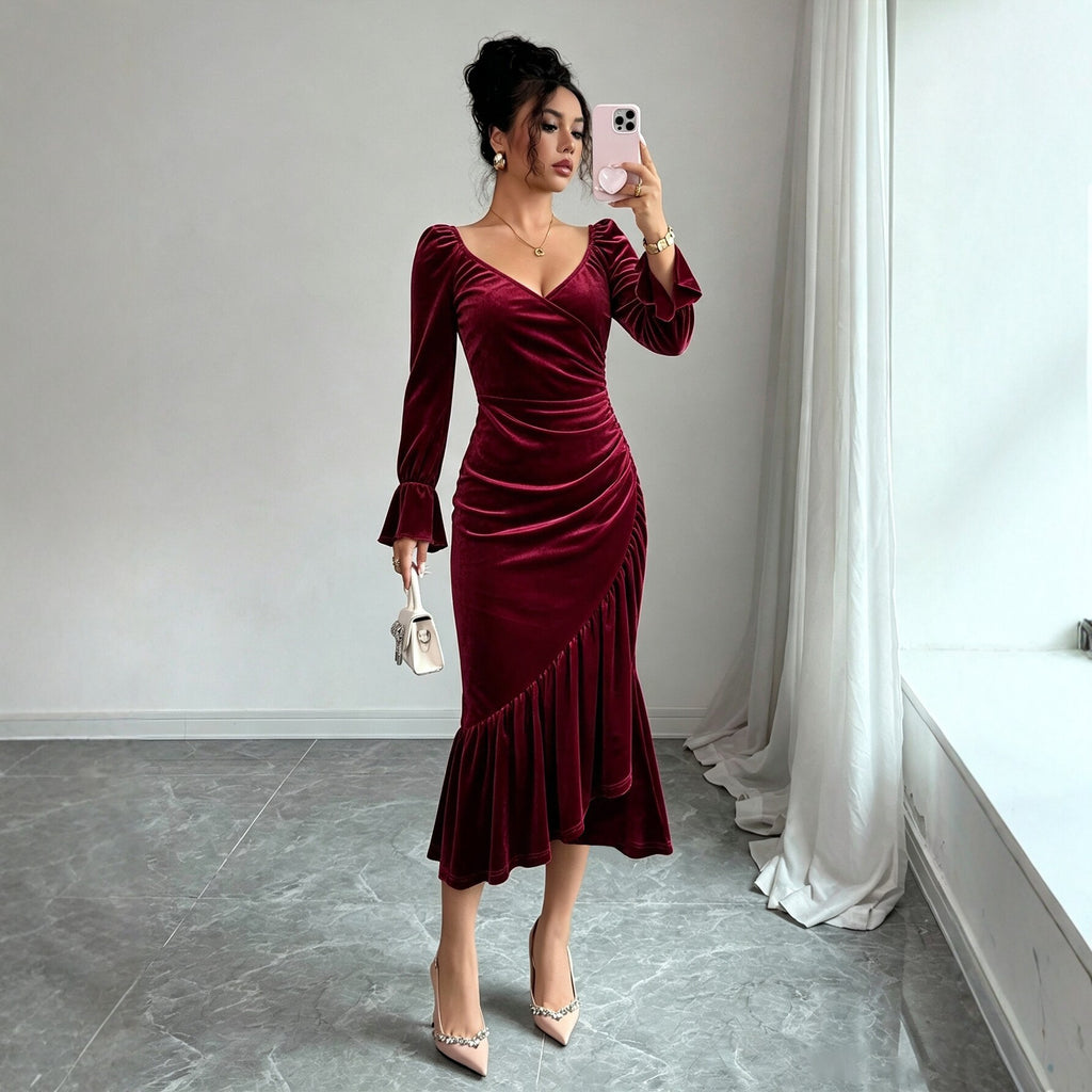 Women's Velvet V-Neck Fishtail Midi Dress