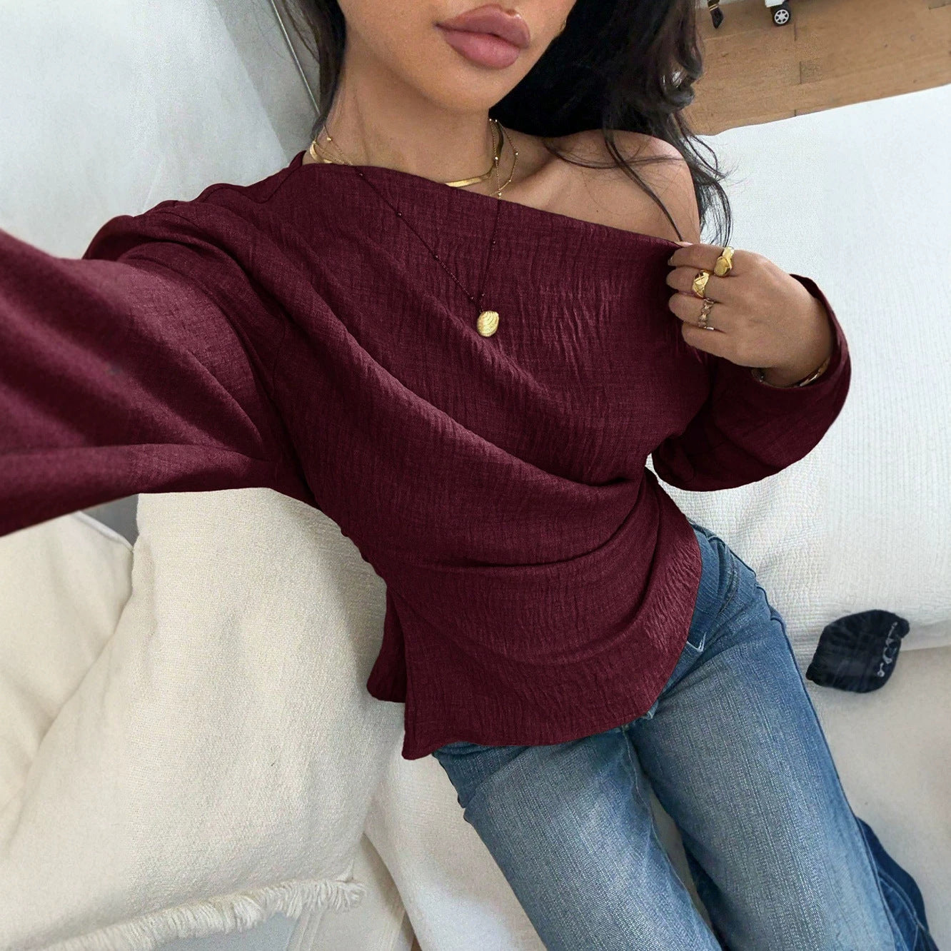 Summer Women Pullover Square Collar Puff Sleeve Waist Tight