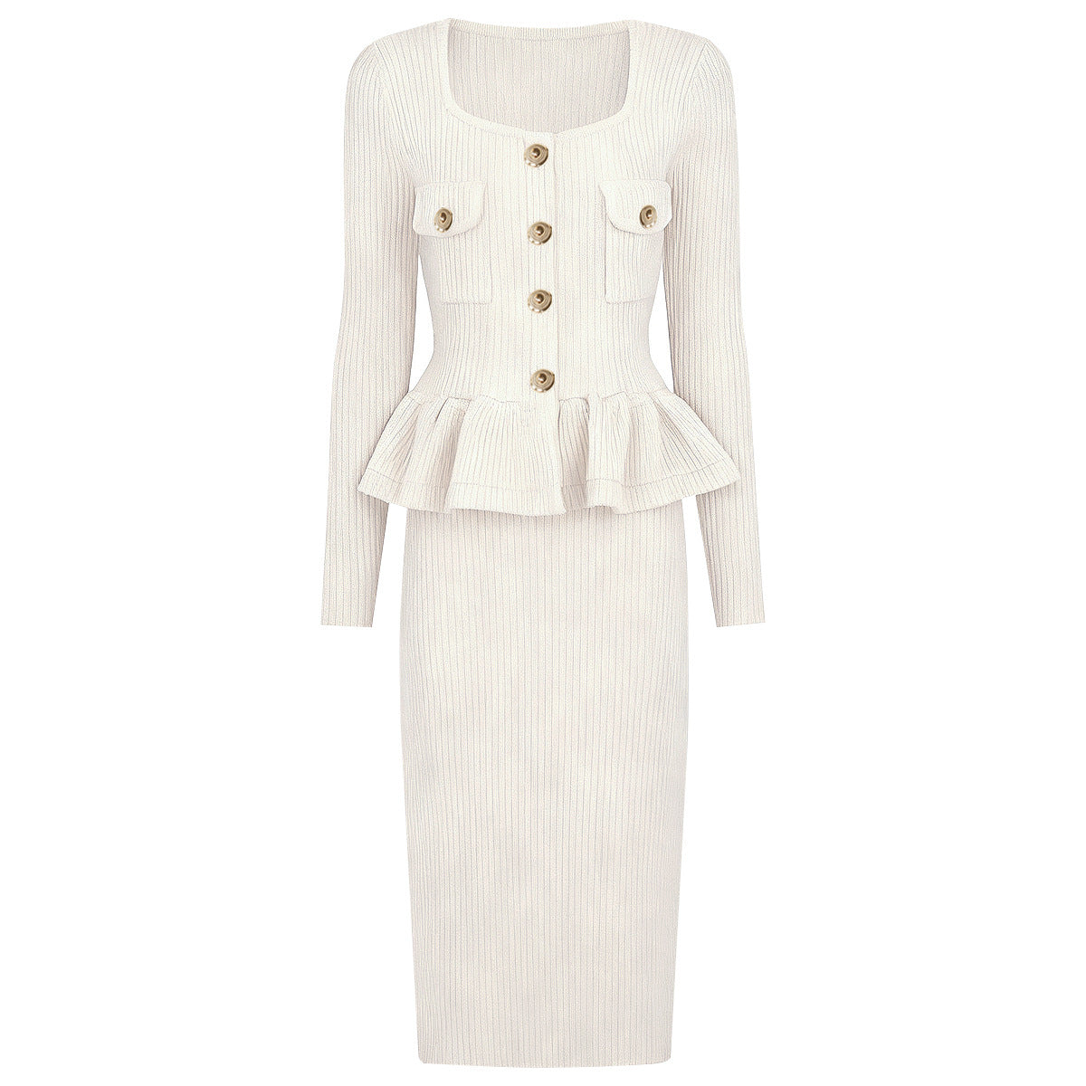 Square-Neck Long-Sleeve Knit Bodycon Midi Dress