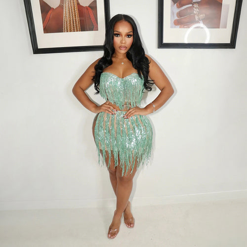 Women's Fringe Top And Skirt Two-Piece Set