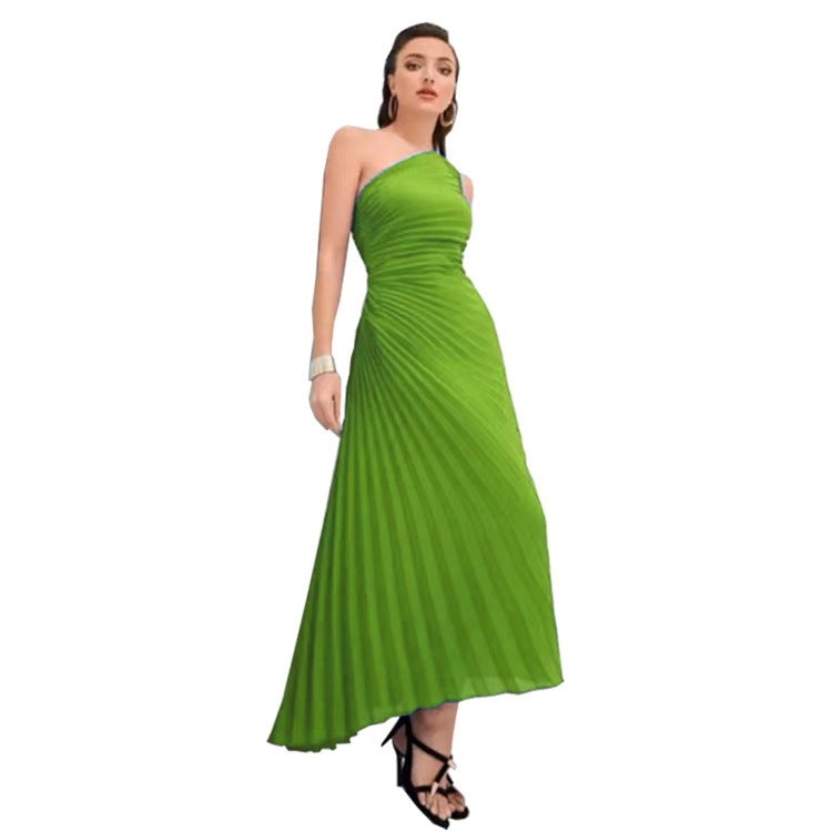 Women Clothing Pleated Slant Shoulder Asymmetric