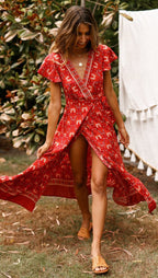 Floral V-Neck Ruffled Wrap Vacation Maxi Dress