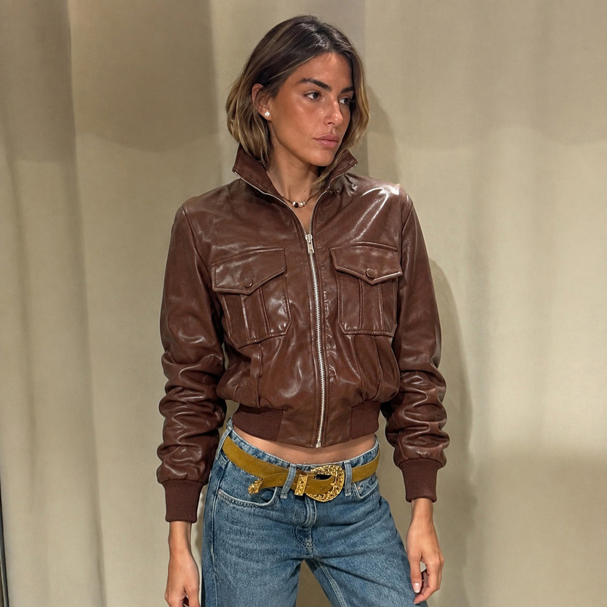 Women's Cropped Faux-Leather Motorcycle Jacket