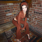 Leopard Print Hooded Headscarf Design Sweater Stitching Lace Long Bell Bottom Pants Sets