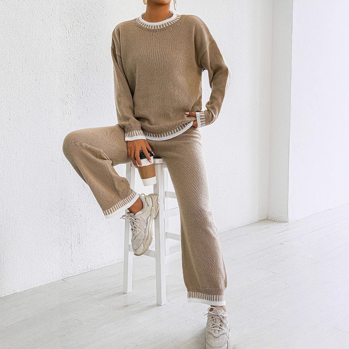 Women Autumn Winter Homewear Casual Two Piece Set Color Contrast Patchwork Pullover Top Straight Wide Leg Pants