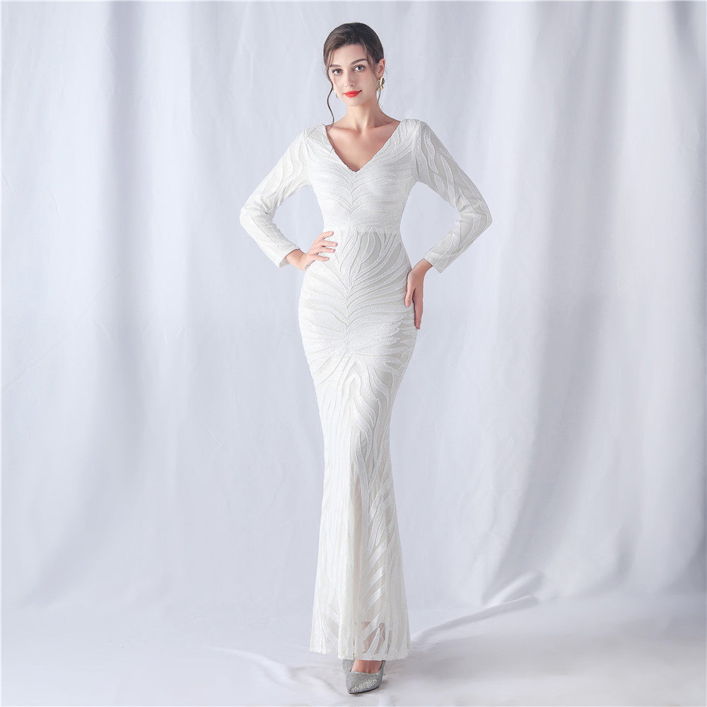 Women's Floral Cutting Magic Color Sequin Wedding Long Sleeve Dress