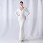 Women's Floral Cutting Magic Color Sequin Wedding Long Sleeve Dress