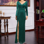 Sequin V-Neck Long-Sleeve Split Bodycon Maxi Dress