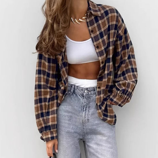 Women's Brown Plaid Collared Button-Up Shirt