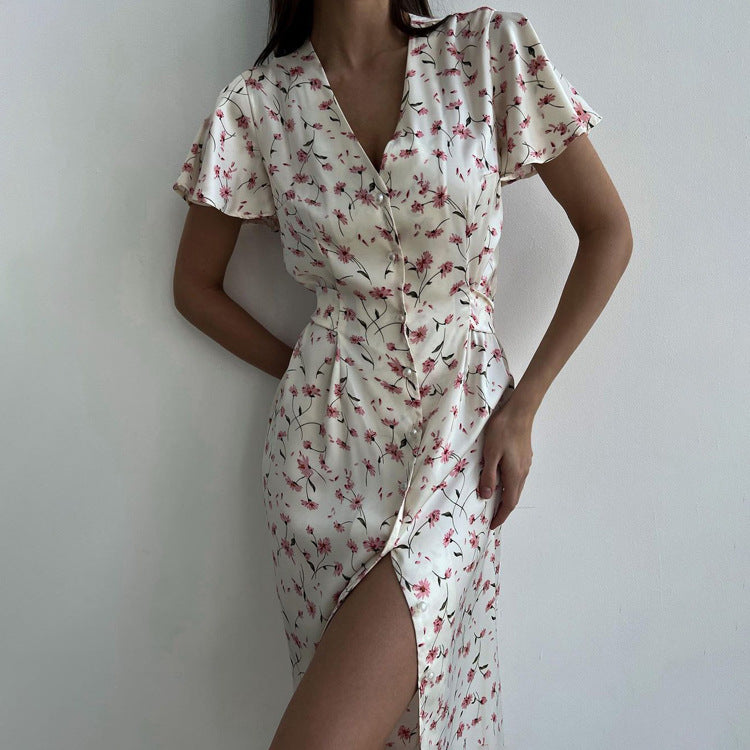 Short Sleeve V neck Lace up Floral
