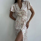 Short Sleeve V neck Lace up Floral