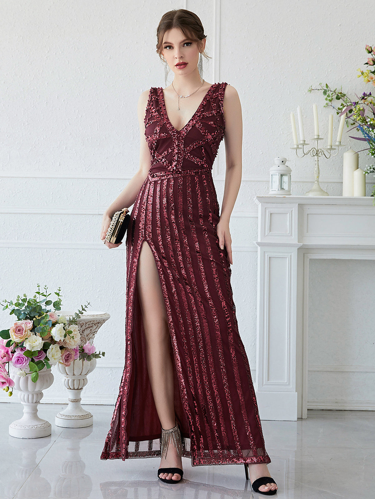 Heavy Industry Manual Beaded Red Maxi Sequined Beaded Maxi Dress