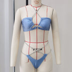 Blue one-piece swimwear on mannequin with underwire bra top and high-cut bottoms