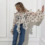 Printed Lace-Up Lantern-Sleeve Top