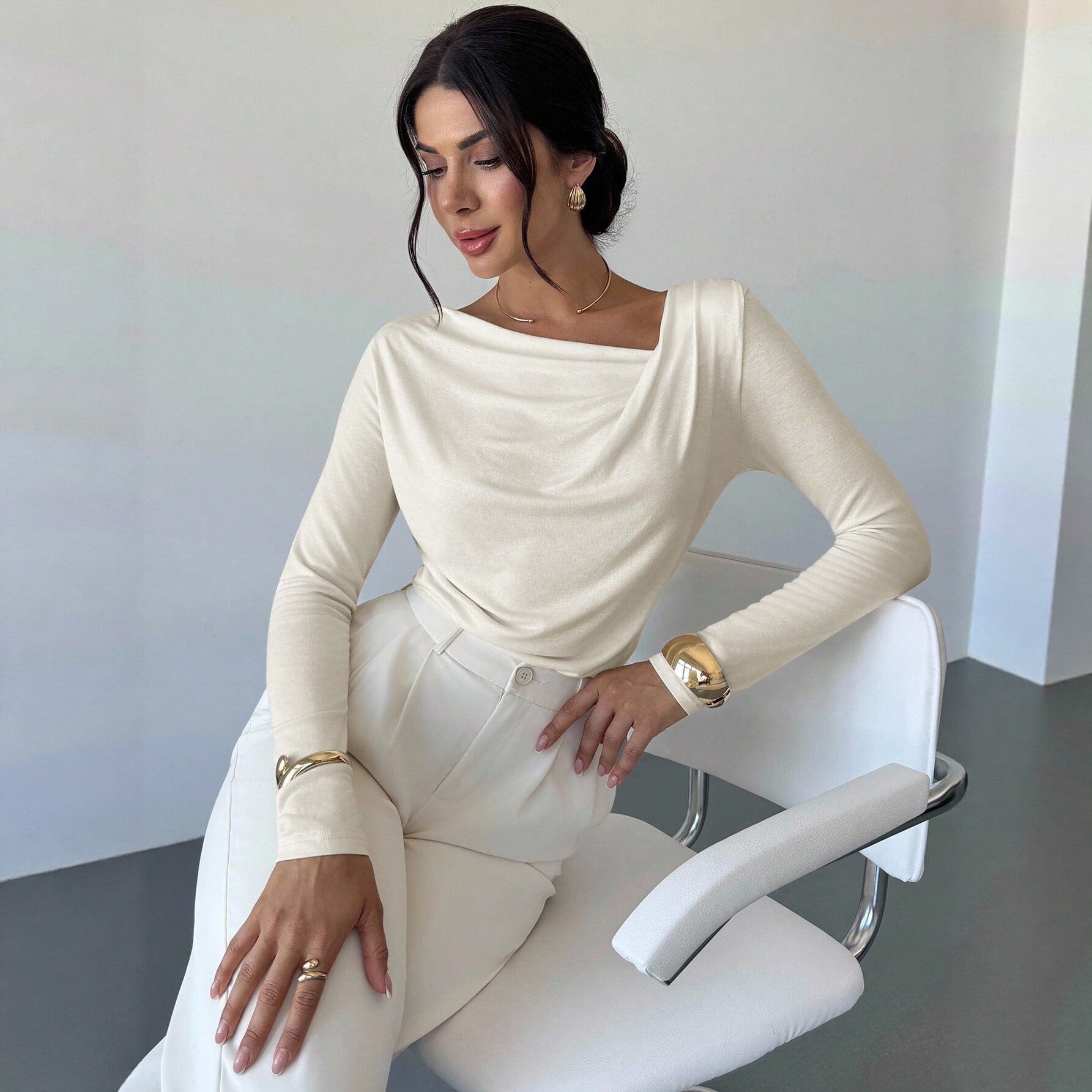 Women Clothing Diagonal Collar Pleated Long Sleeved Top