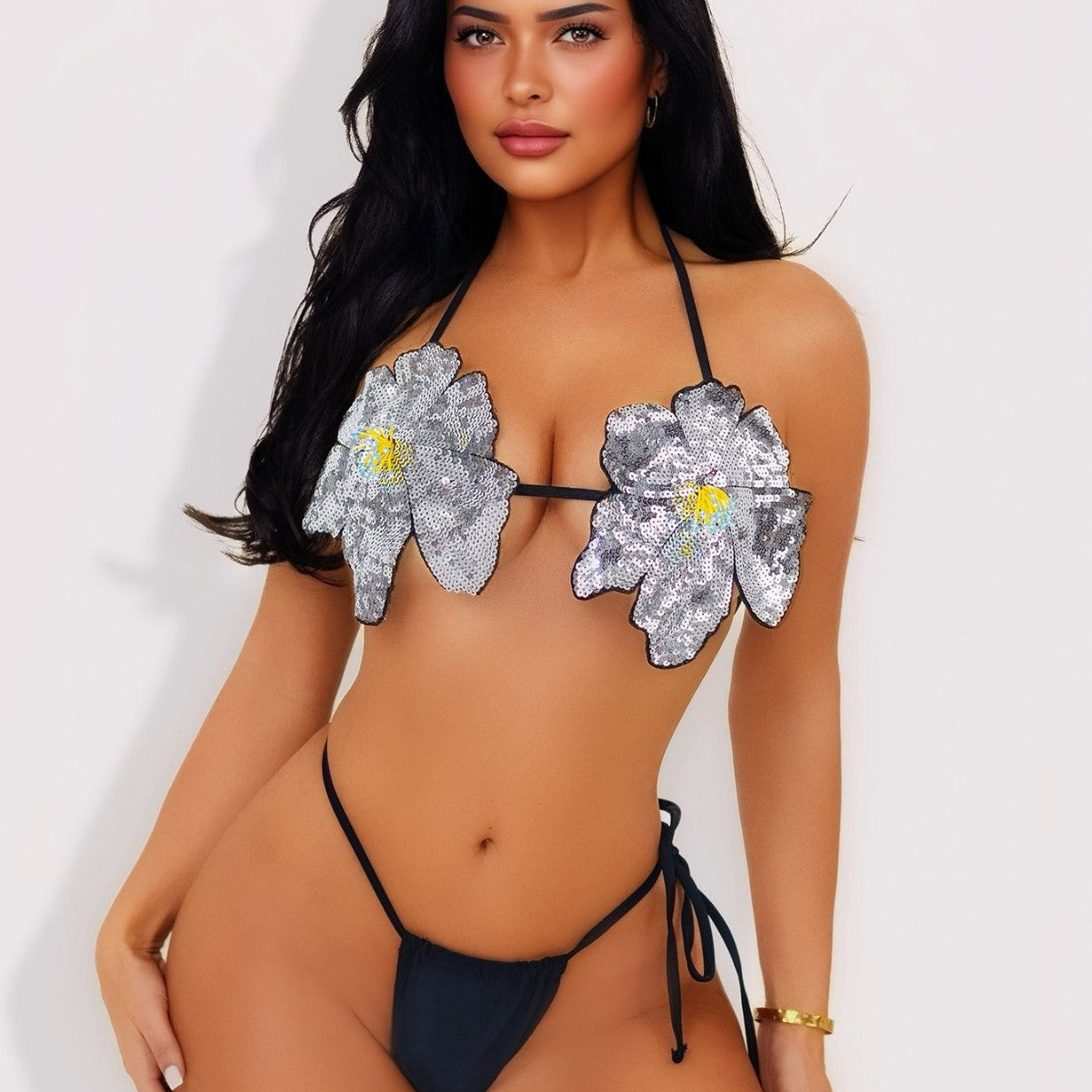 Sequined White One-piece Swimwear