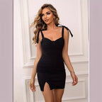 Women's French Retro V-Neck Strap Split Mini Dress