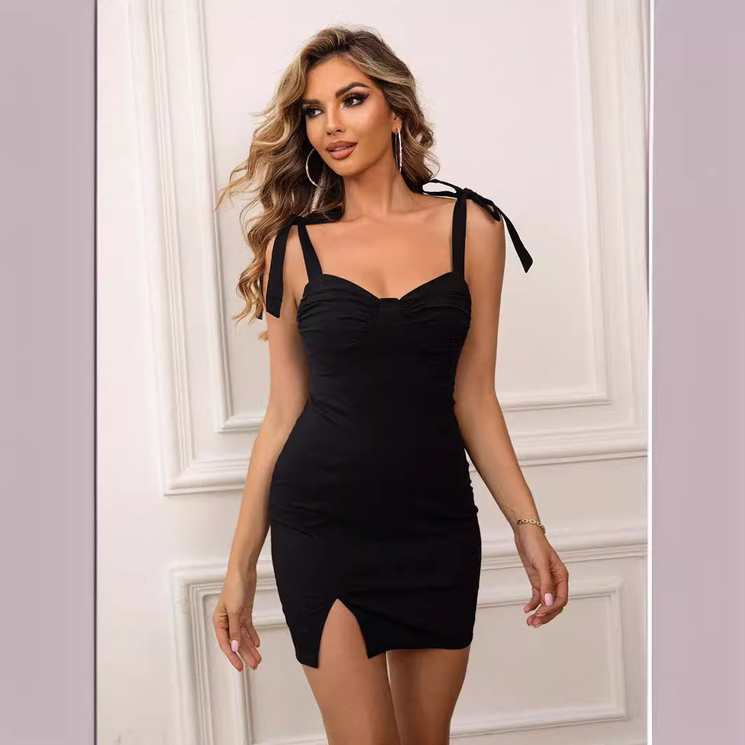 Women's French Retro V-Neck Strap Split Mini Dress