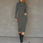 Women's Dark Grey Mock Neck Long Sleeve Split Dress