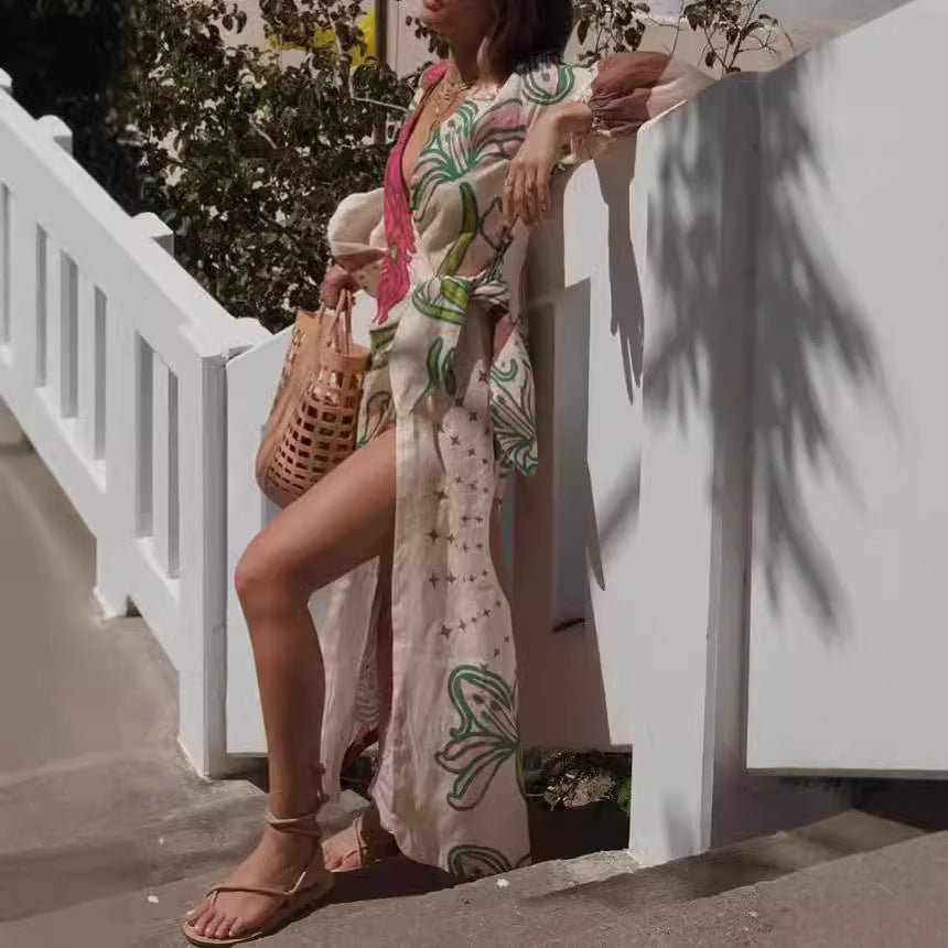 Long Sleeve Holiday Floral Print Long Sleeve Cardigan Lace-Up Dress