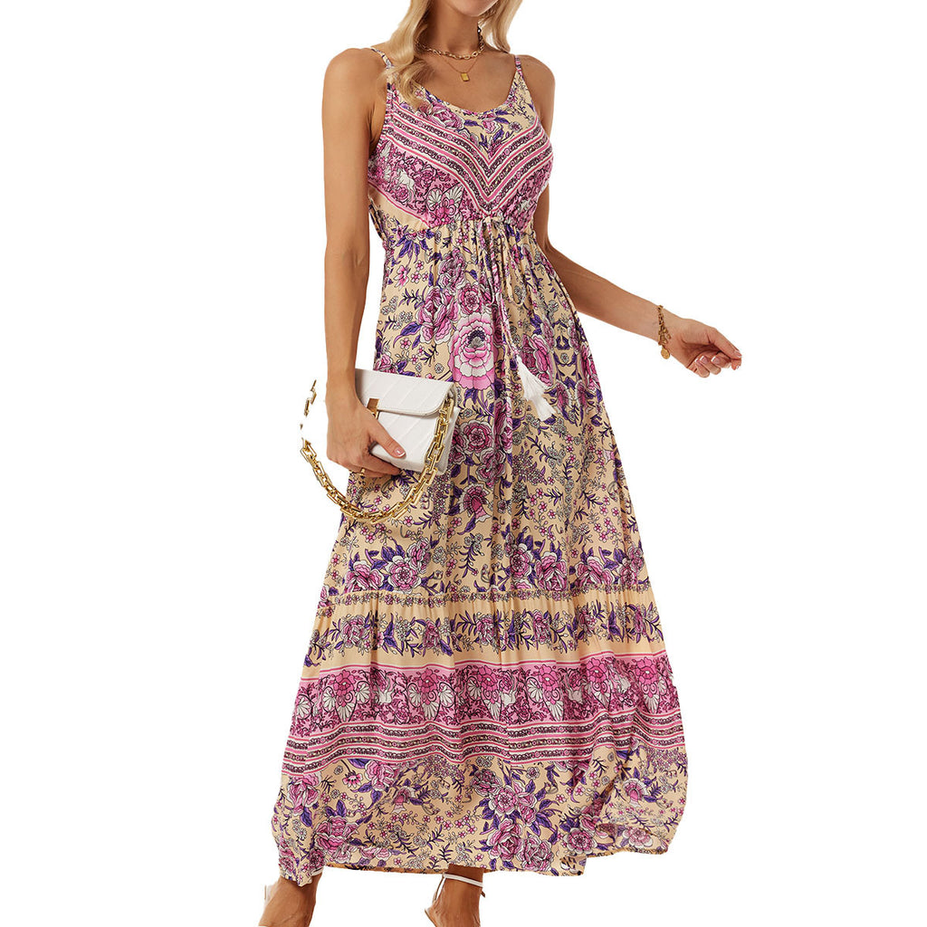 Women's V-Neck Floral Tie Sleeveless Vacation Dress