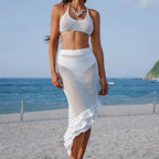 White crochet halter bikini set with ruffled midi skirt