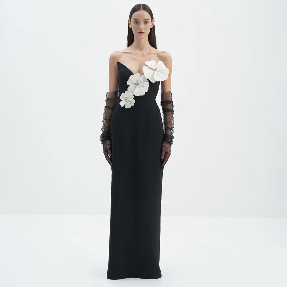 Women's Spring Summer Black Tube Top Dress Floral Diamond Core Split Off-Shoulder Design Dress Women Clothing