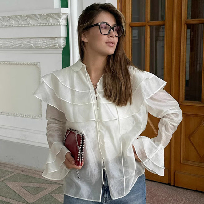 Women's French Ruffle Bell Sleeve Blouse
