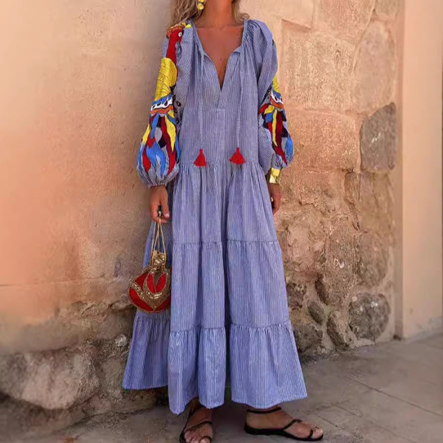 Long Sleeve Arrival V-Neck Lantern Sleeve Striped Printed Dress