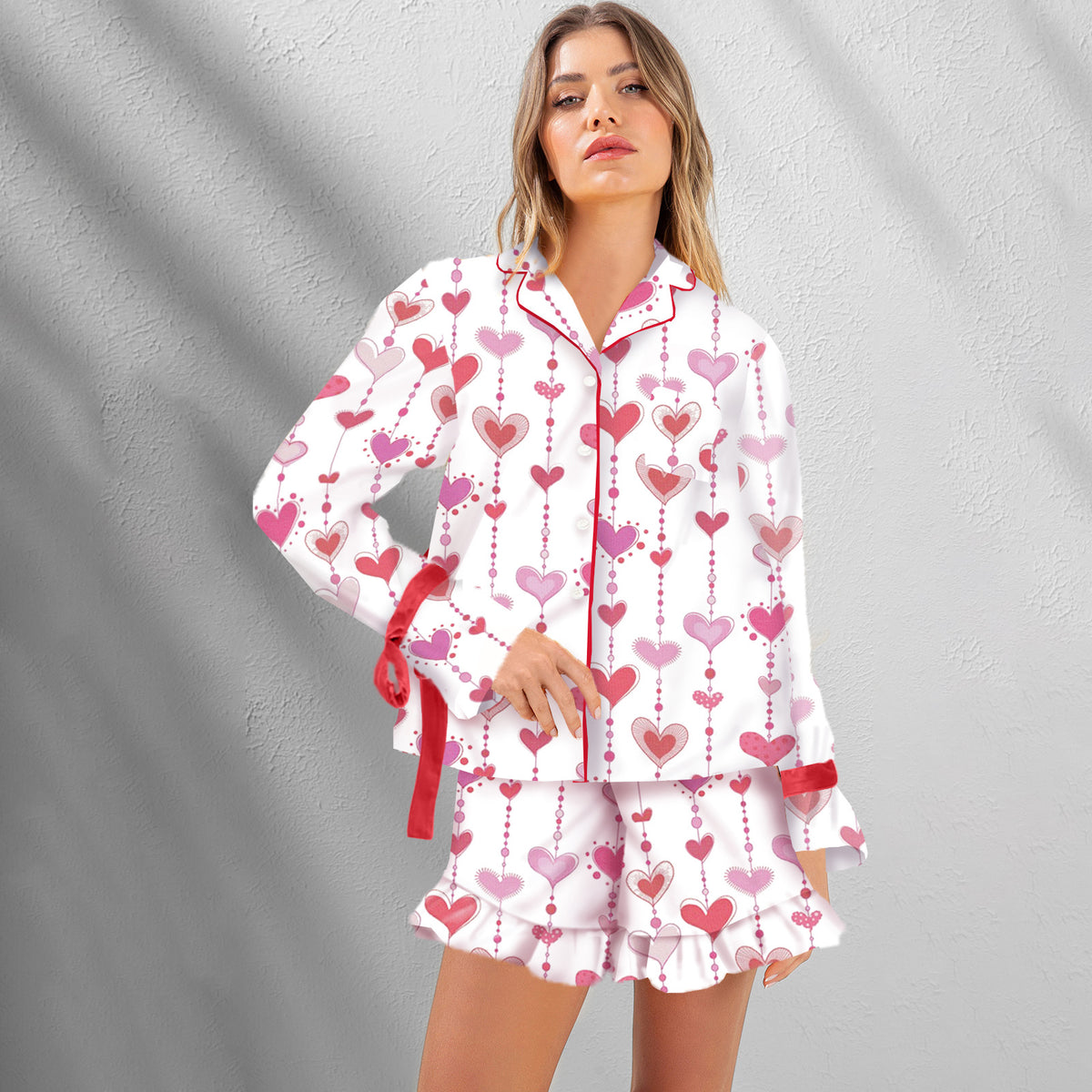 Women's Spring Summer Women In Loose Casual Satin Lace Up Two Piece Sets Pajamas