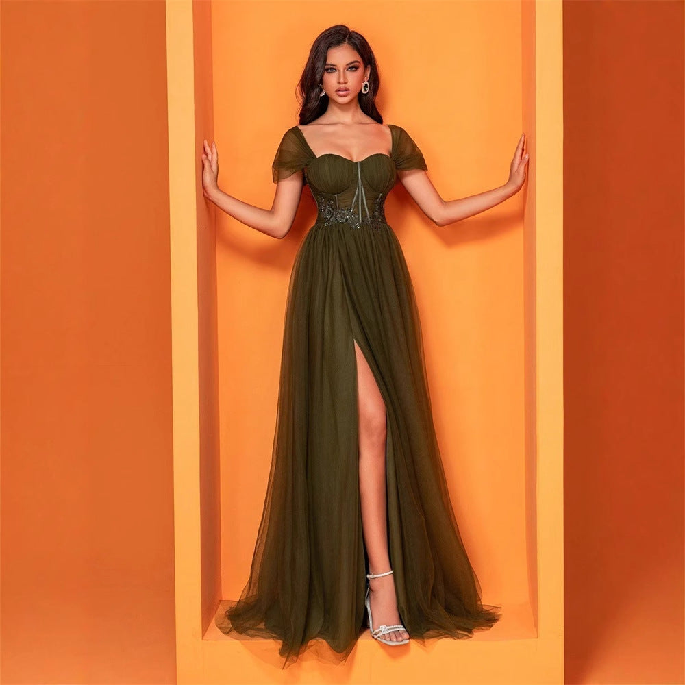 Women's Green Chiffon Backless Slit A-Line Maxi Dress