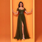 Women's Green Chiffon Backless Slit A-Line Maxi Dress