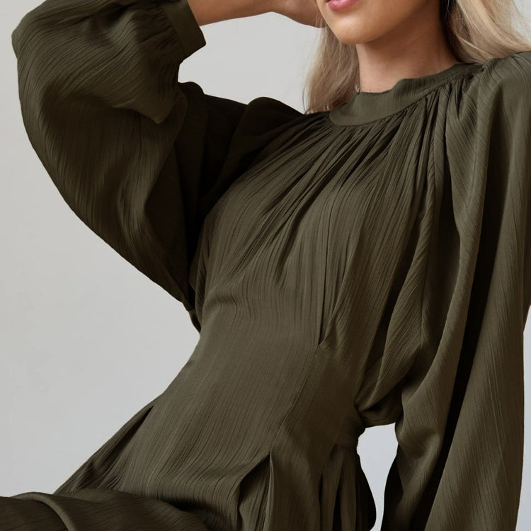 Dress Loose Pleated Long Sleeve round Neck