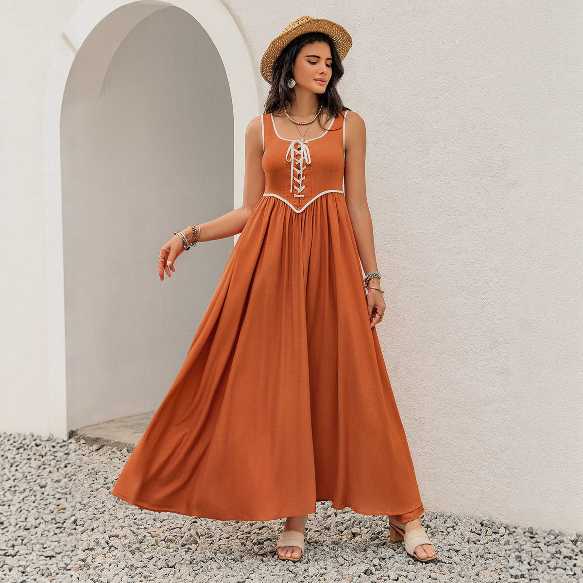 Vacation Dress Lace Stitching V neck Tassel Lace Beach Dress
