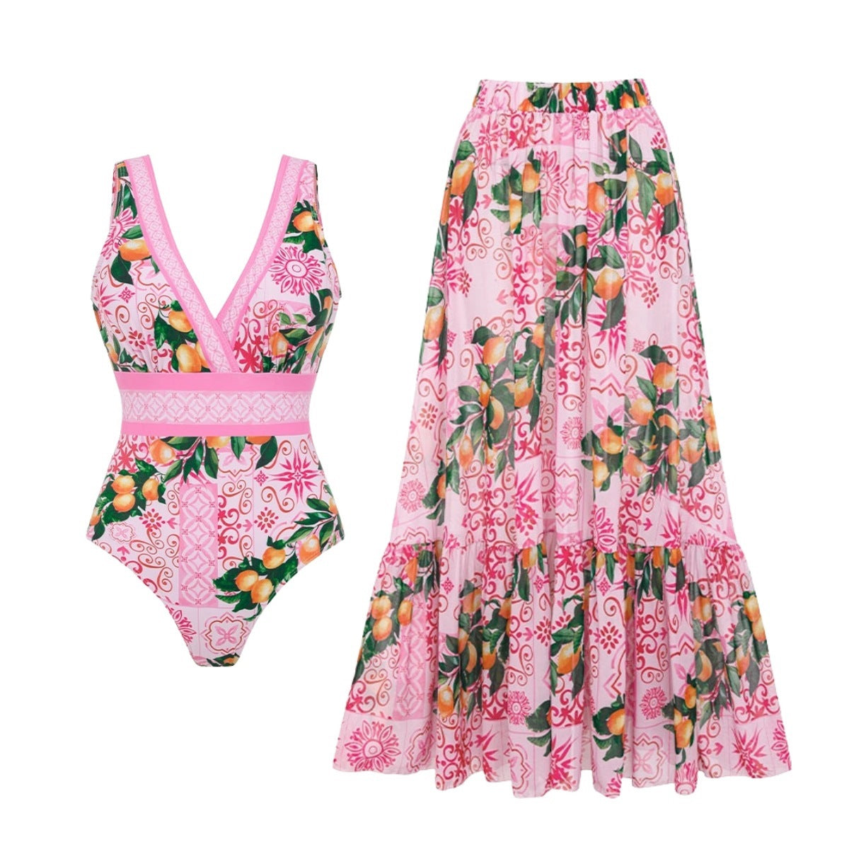 Pink floral one-piece swimsuit with V-neck and matching tiered long skirt