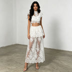 Sexy Lace Cut out Ruffled Top Embroidered HW Skirt Two