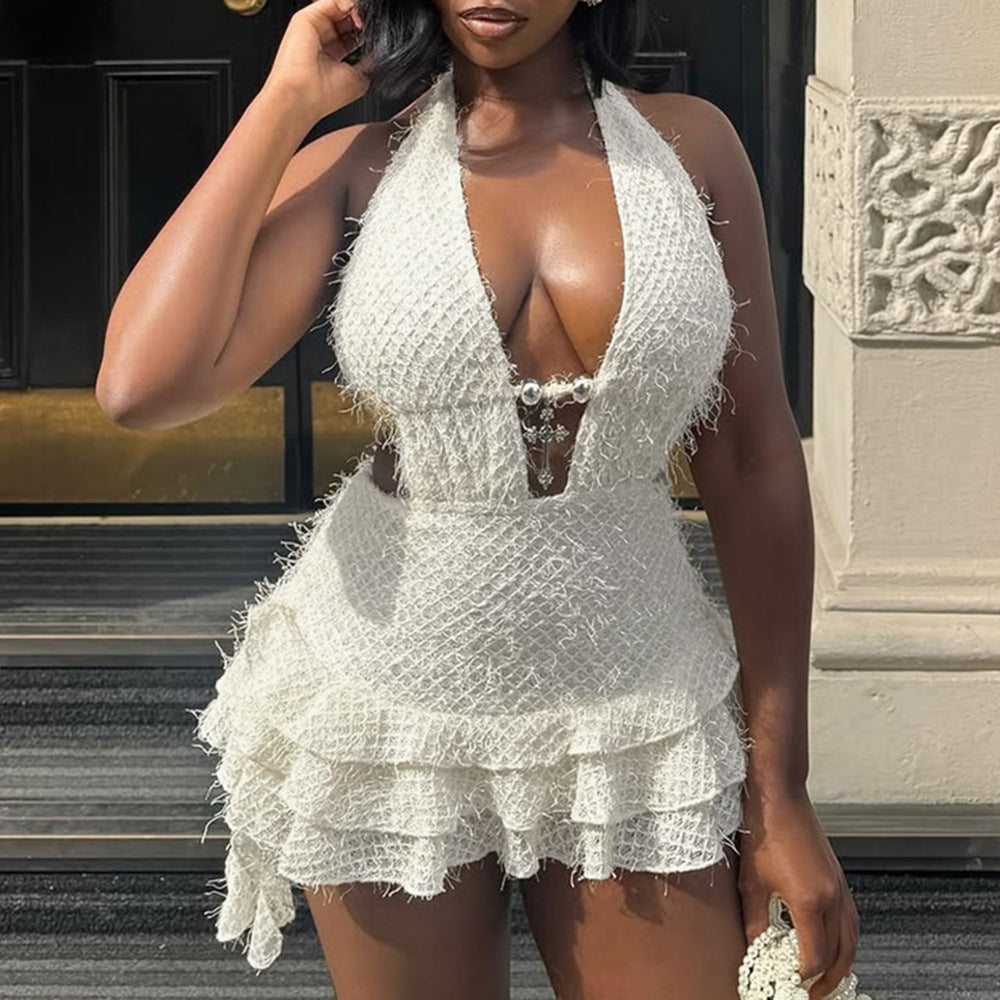 Women's Halter Backless Cutout Ruffled Mini Dress