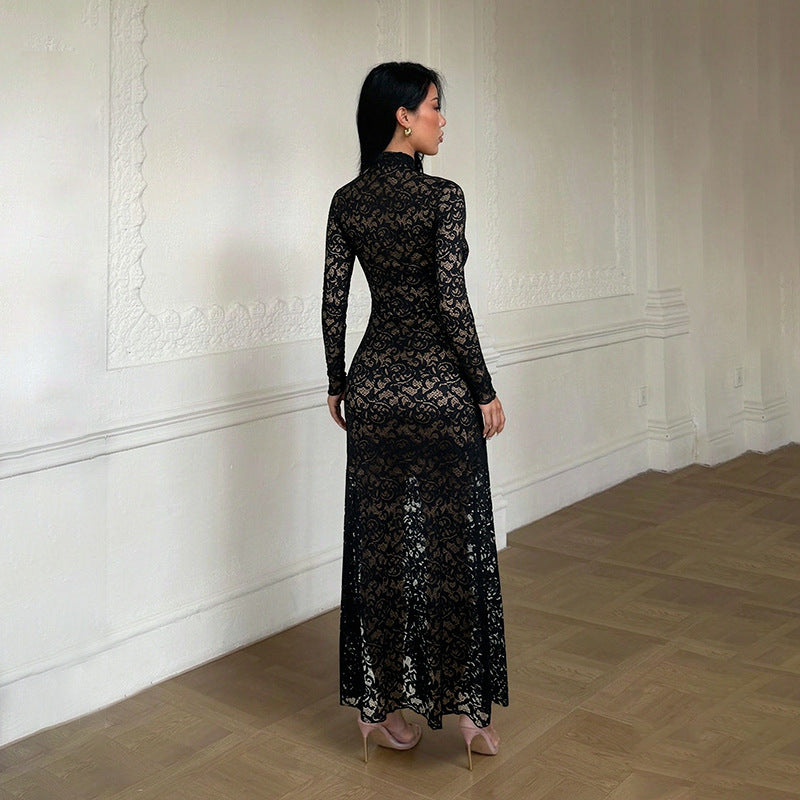Lace Ruffle High-Slit Maxi Dress