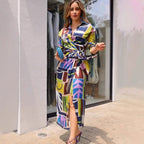 Printed V-Neck Belted Long-Sleeve Maxi Dress