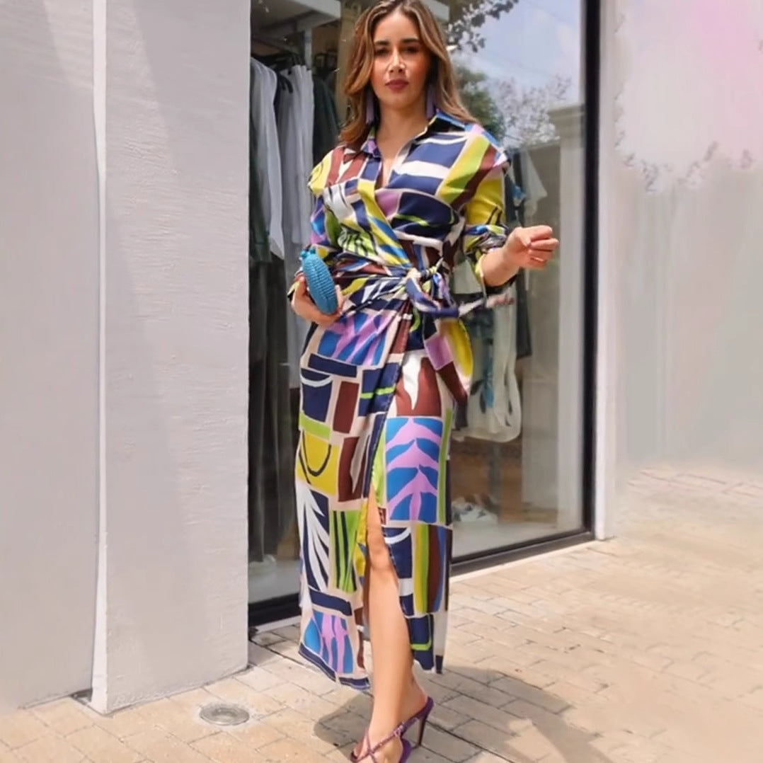 Printed V-Neck Belted Long-Sleeve Maxi Dress