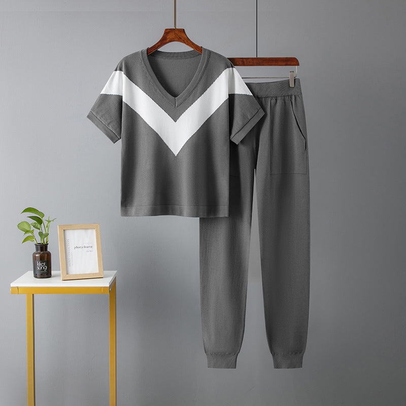Summer Knitted Top High-Waisted Ankle Banded Suit Two-Piece Set