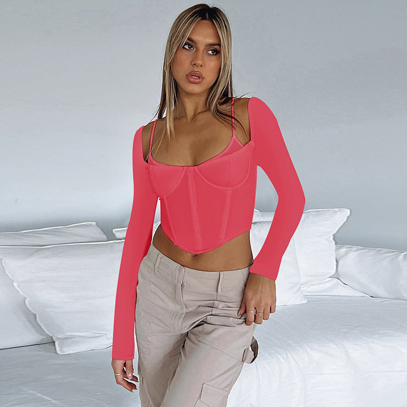 Women's Faux Two-Piece Strap Detail Crop Top
