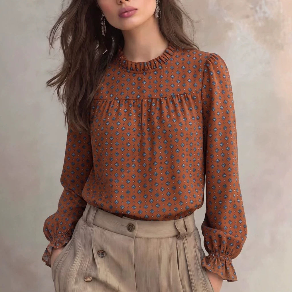 Autumn Women Clothing Printed Bell Sleeve Ruffle Collar Top
