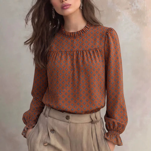 Printed ruffle-collar blouse with button front, long bell sleeves, rust-brown dots