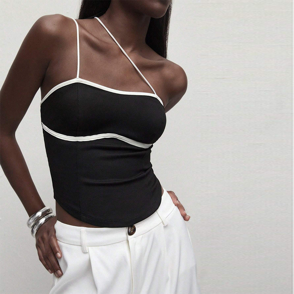 Women’s Black Asymmetric Spaghetti Strap Crop Top