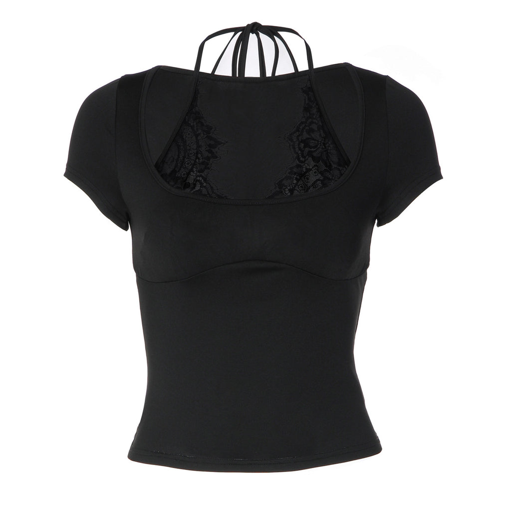 Women Clothing Summer Solid Color Tether Halter Sexy Lace Ruffled Short Sleeves Slim T shirt for Women