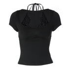 Women Clothing Summer Solid Color Tether Halter Sexy Lace Ruffled Short Sleeves Slim T shirt for Women
