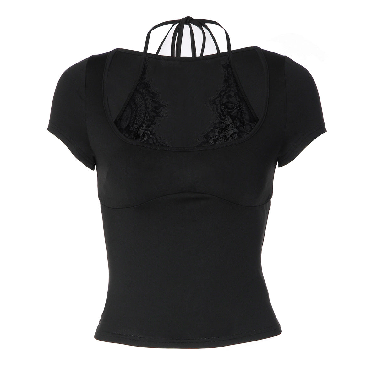 Women Clothing Summer Solid Color Tether Halter Sexy Lace Ruffled Short Sleeves Slim T shirt for Women